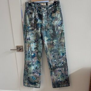 We The Free Abstract Painterly Blue-Green Straight Jeans